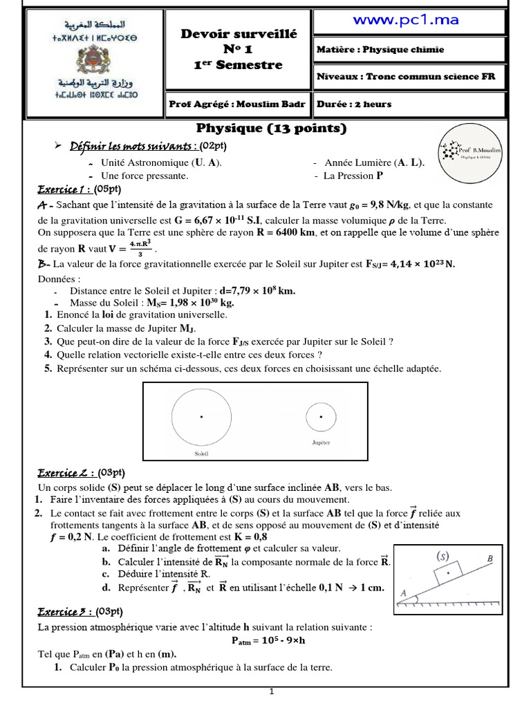 Devoir 1 Physique-Chimie Tronc Commun | PDF | Masse | Gravité