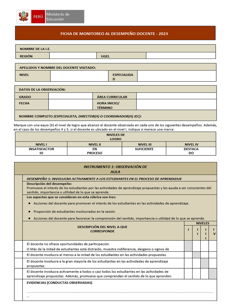 Ficha de Monitoreo Al Desempeno Docente 2023 en Word | PDF | Evaluación ...
