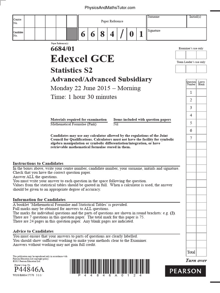 June 2015 (GCE) QP - S2 Edexcel | PDF | Mathematics | Statistical Theory