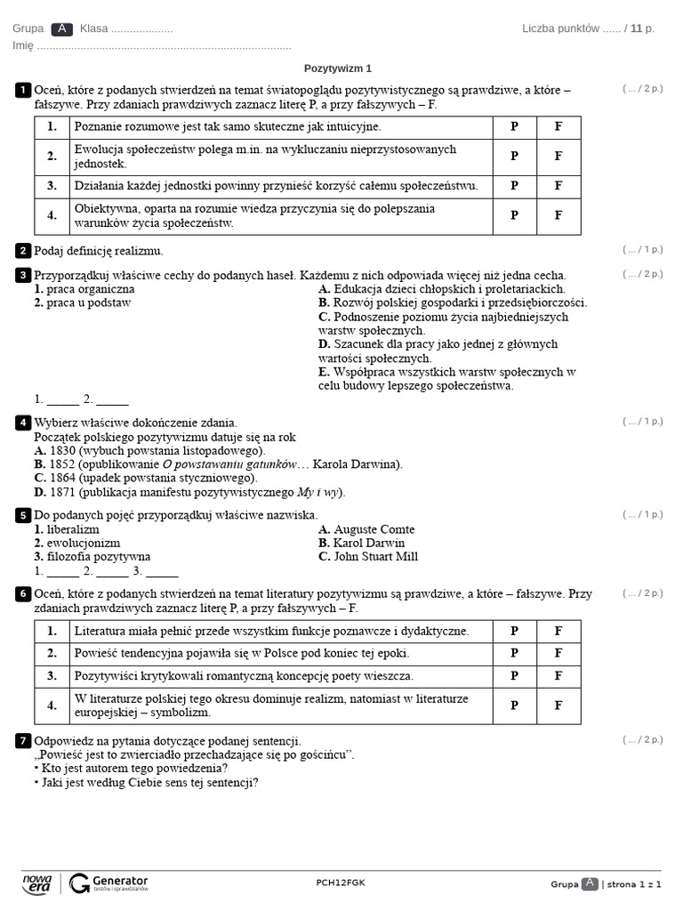 Pozytywizm 1 Test 2 Klasa | PDF
