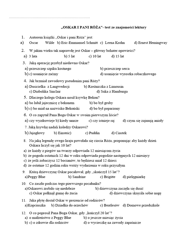 Test Z Lektury Oskar I Róża Test OSKAR | PDF