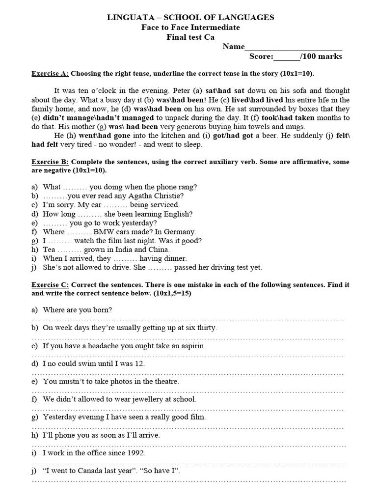 3 Face 2 Face Final Test Interm | PDF | Linguistics | Grammar