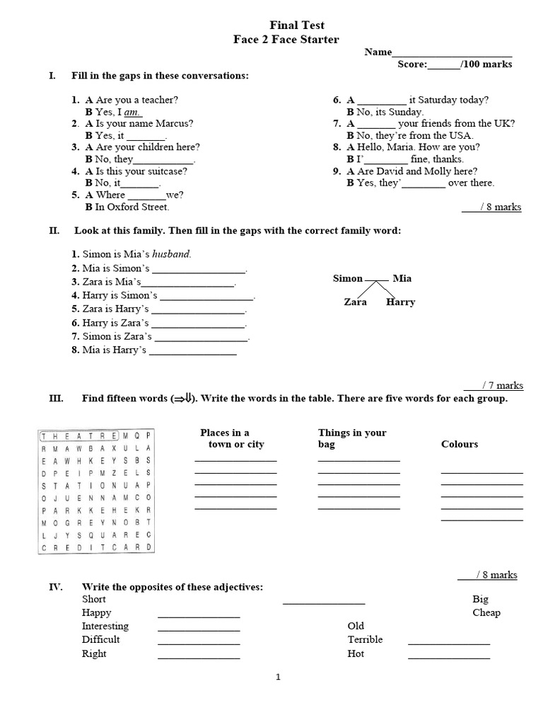 Face 2 Face Starter Final Test | PDF | Linguistics | Syntax