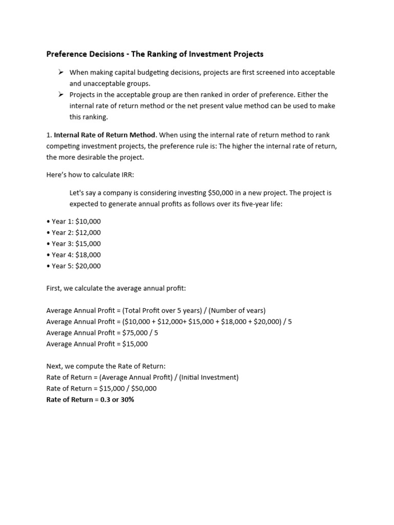 Managerial Accounting Ranking of Investment | PDF | Internal Rate Of ...