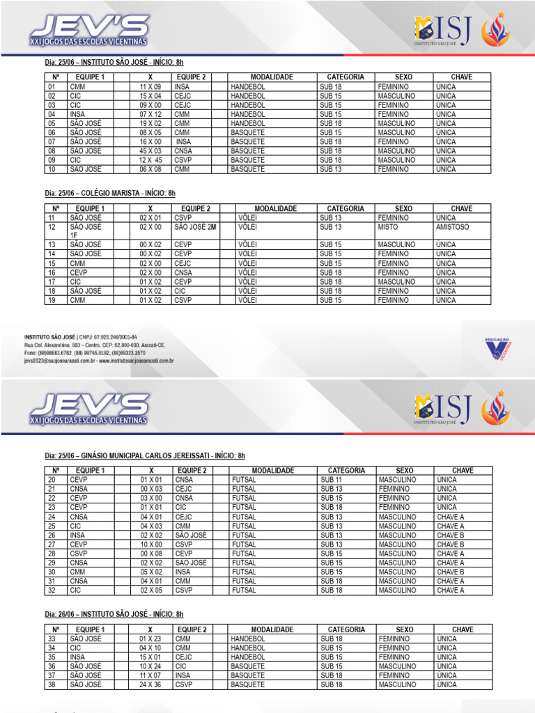 Tabela Dos Jogos - Jev S 2023 | PDF | Voleibol | Esportes atléticos