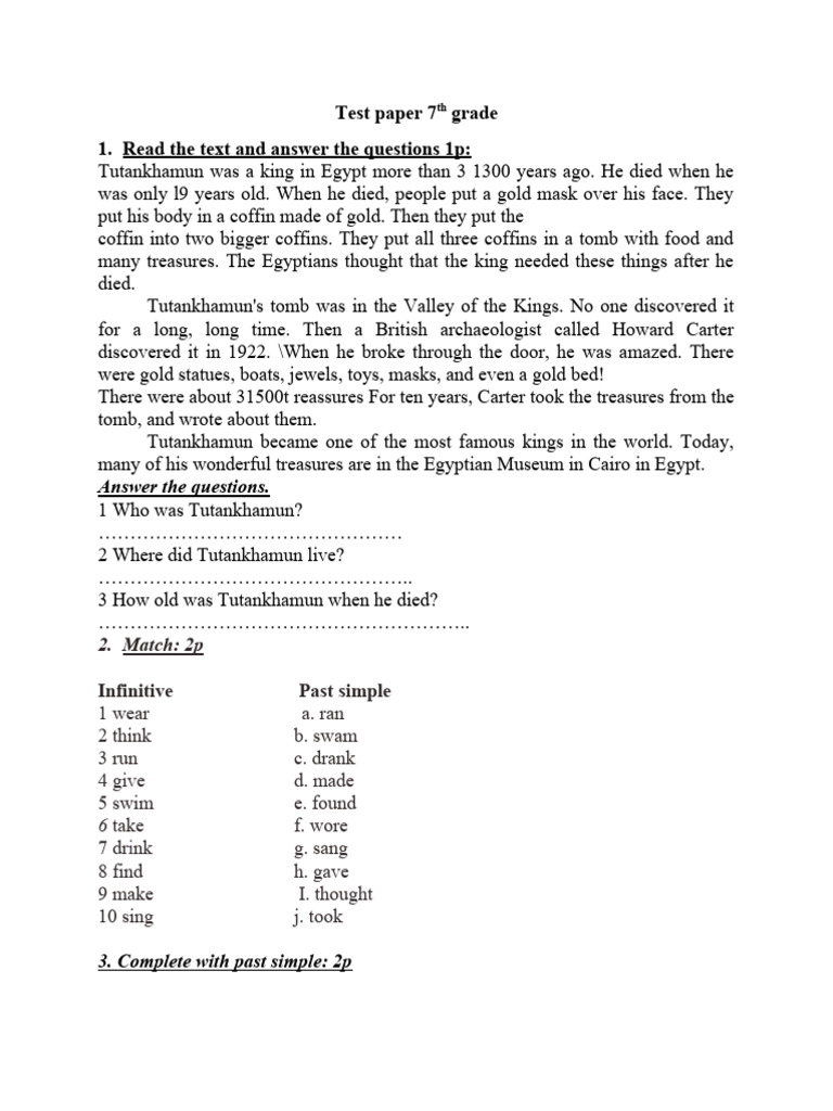 Test Paper 7th Grade Pdf Tutankhamun