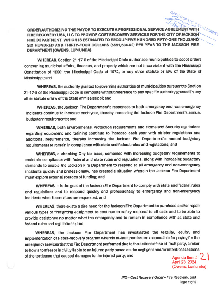 Jackson Fire Department Recovery Agreement | PDF