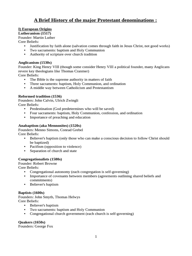 History of Major Protestant Denominations | PDF | Protestantism ...