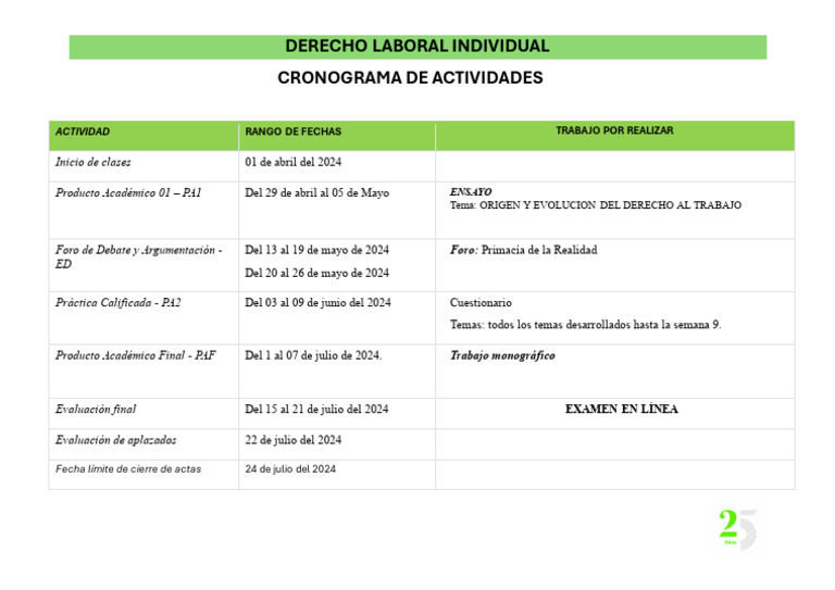 Cronograma Derecho Laboral 2024 | PDF