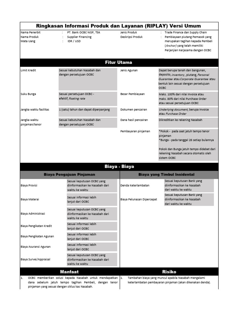 Fasilitas Pembiayaan Supplier OCBC | PDF