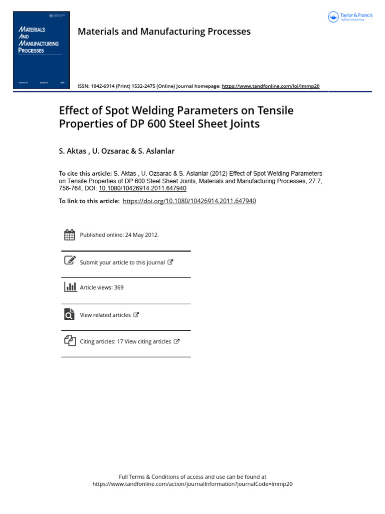 Effect of Spot Welding Parameters On Tensile Properties of DP 600 Steel ...