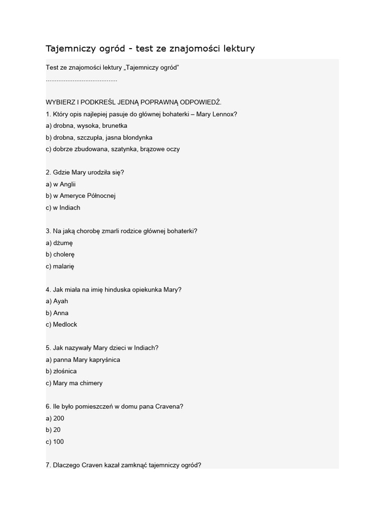 Test Tajemniczy Ogród Klasa 5
