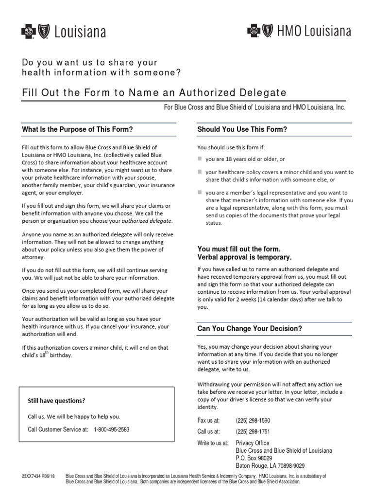 23XX7434 R0116 Authorized Delegate Form PDF | PDF | Blue Cross Blue ...