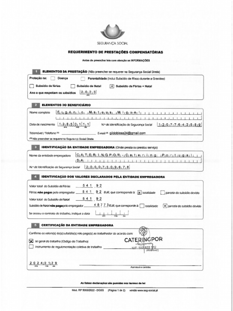 Nº0961 Eugénio Miguel Prestações Comp. Subs. Natal Férias RP 5003 DGSS ...