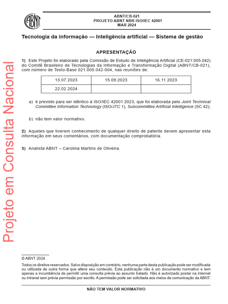 Projeto ABNT NBR ISO/IEC 42001:2024 | PDF | Governança | Liderança