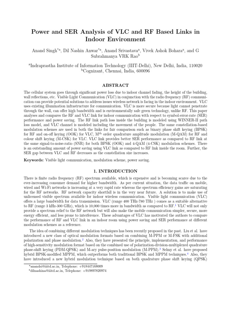 VLC vs RF: Indoor Power and SER Analysis | PDF | Signal To Noise Ratio ...