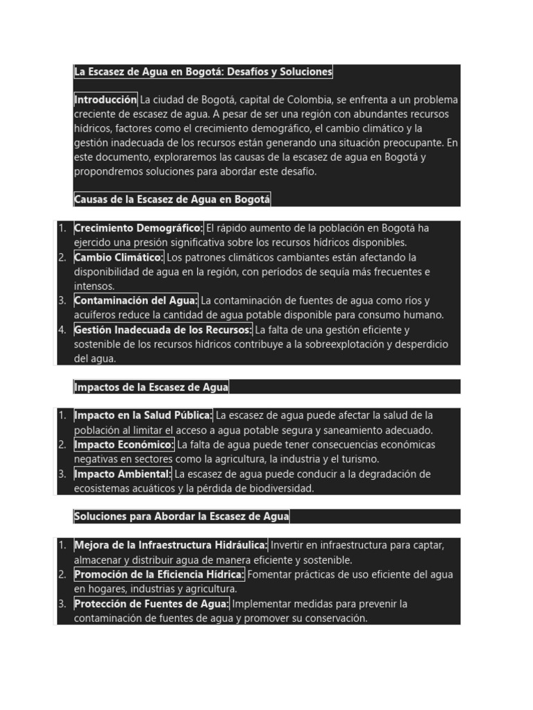 Escasez de Agua en Bogotá: Causas y Soluciones | PDF | Escasez de agua ...