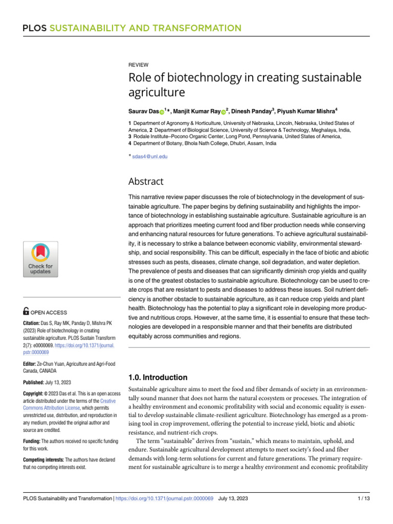 Role of Biotechnology in Creating Sustainable Agriculture | PDF ...