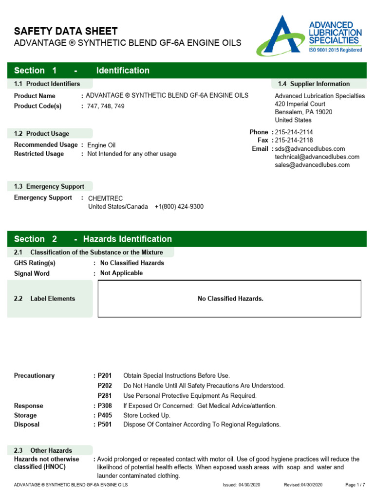 Advantage - SB - Gf6a - Engine Oils - en - SDS - 1 | PDF | Chemistry