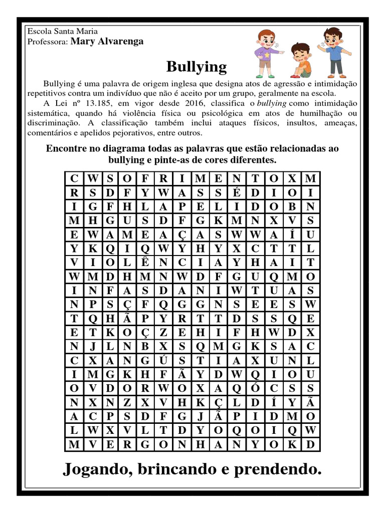 Bullying - Atividade com caça-palavras | PDF | Assédio moral/bullying ...