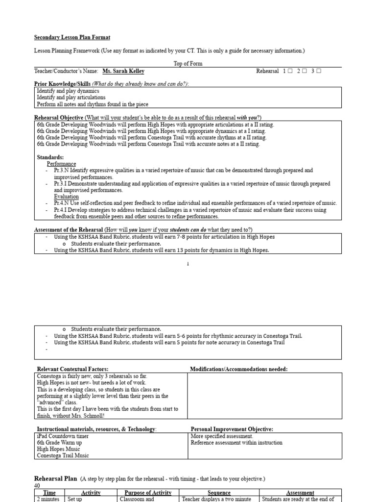 6th Grade Woodwinds Rehearsal Plan | PDF | Rubric (Academic) | Lesson Plan