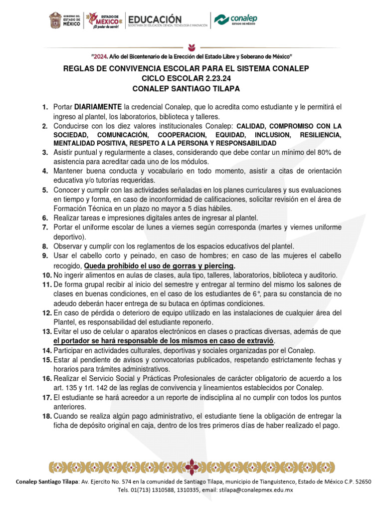 Reglas de Convivencia Escolar Conalep 2024 | PDF