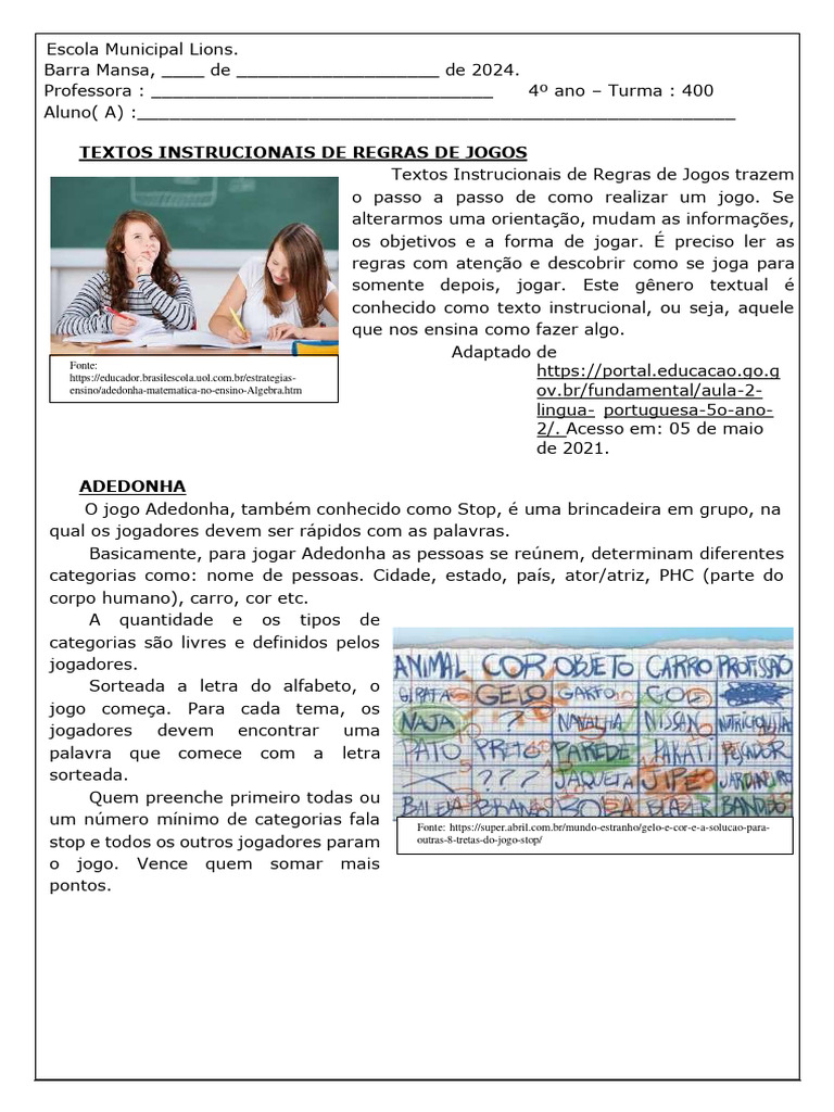 Atividade 4º ano - texto instrucional | PDF