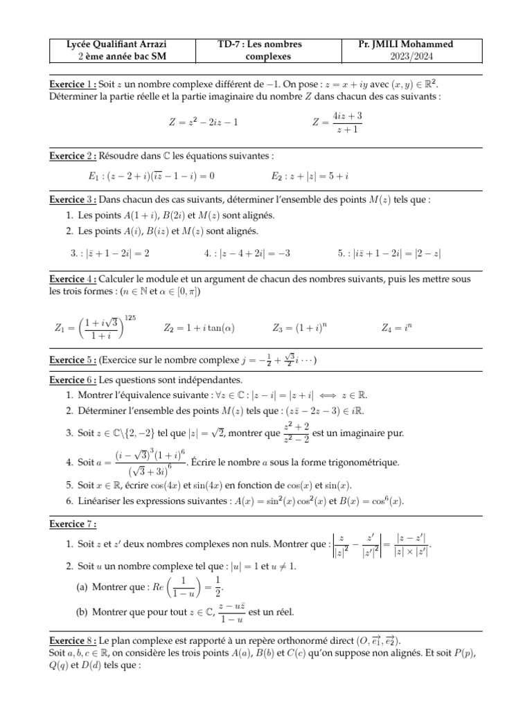 TD sur les Nombres Complexes | PDF | Nombre complexe | Objets mathématiques