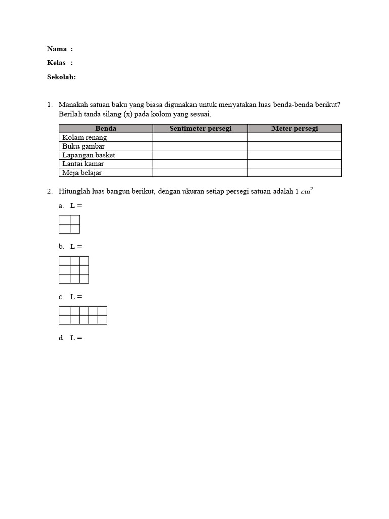 Soal Luas dan Volume Kelas 4 SD | PDF | Metode & Bahan Ajar