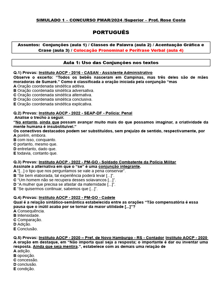 Simulado de Português para Concursos 2024 | PDF | Pronome | Adjetivo