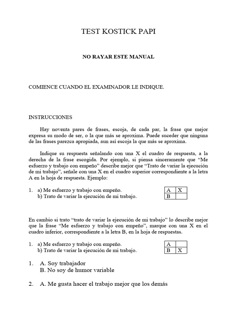 Test Kostick PAPI: Instrucciones y Respuestas | PDF | Relaciones ...