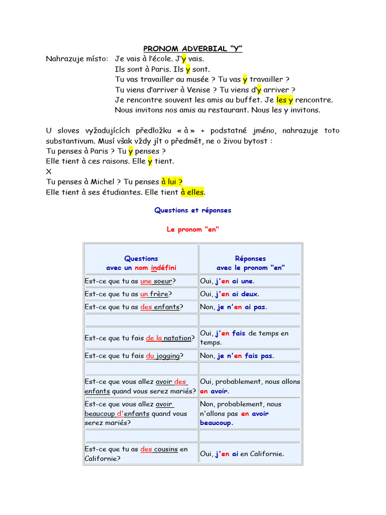 Exercices sur les pronoms "en" et "y" | PDF | Pronom | Verbe