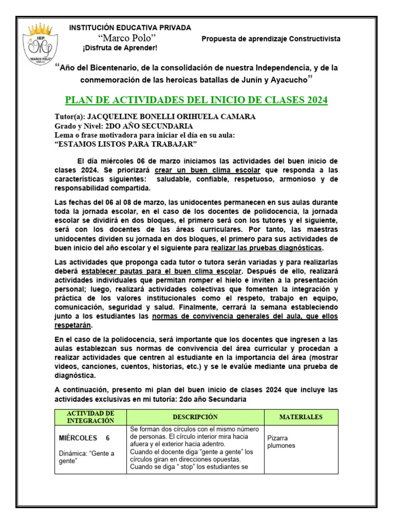 Plan de Actividades 2024 - 2° Secundaria | PDF | Salón de clases ...