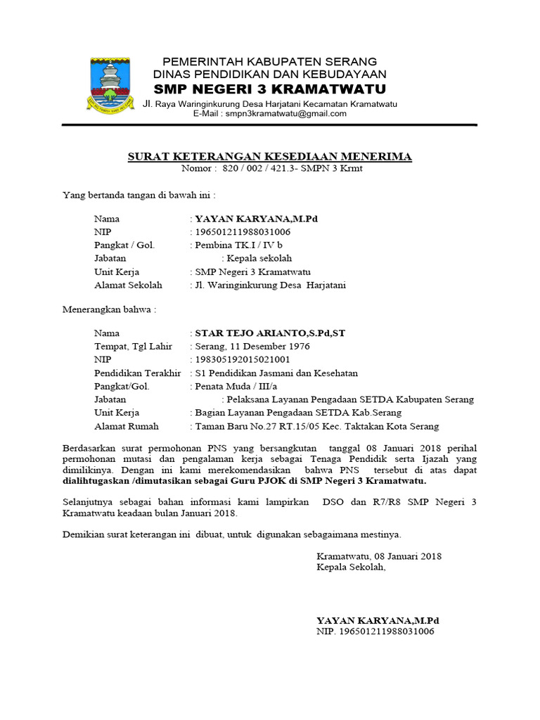Contoh Surat Kesediaan Menerima | PDF