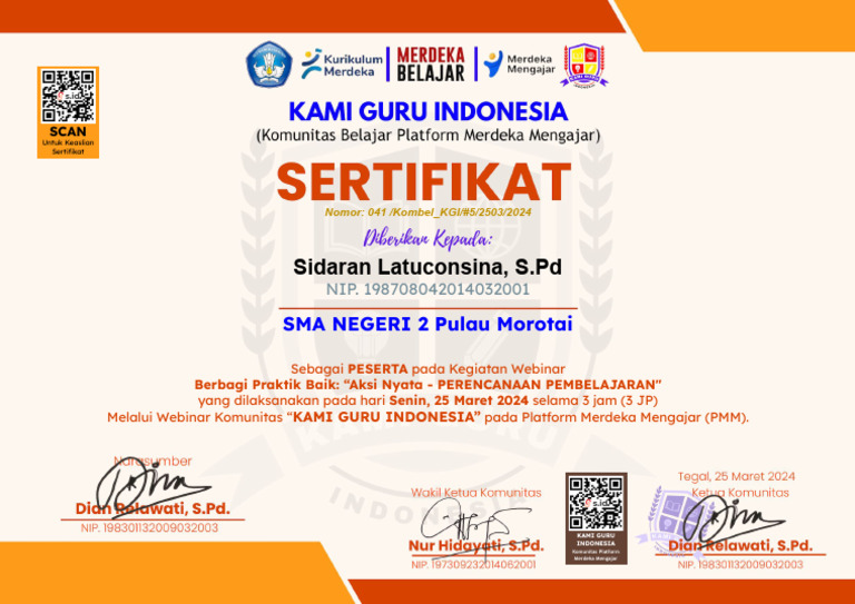 Sertifikat Webinar Perencanaan Pembelajaran | PDF