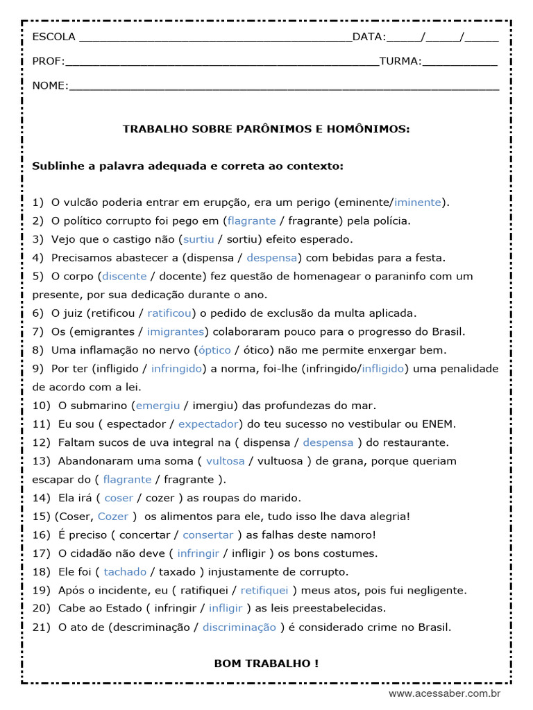 Exercícios sobre Parônimos e Homônimos | PDF | Política