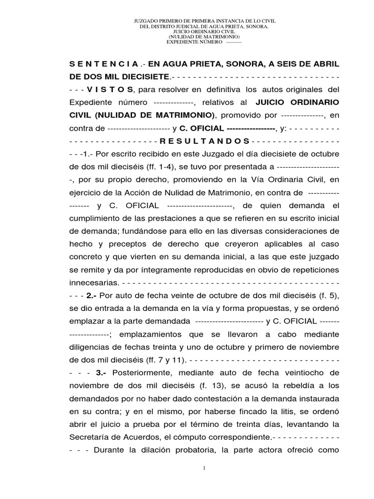Sentencia Juicio Ordinario Civil AP060417 | PDF | Anulación | Matrimonio