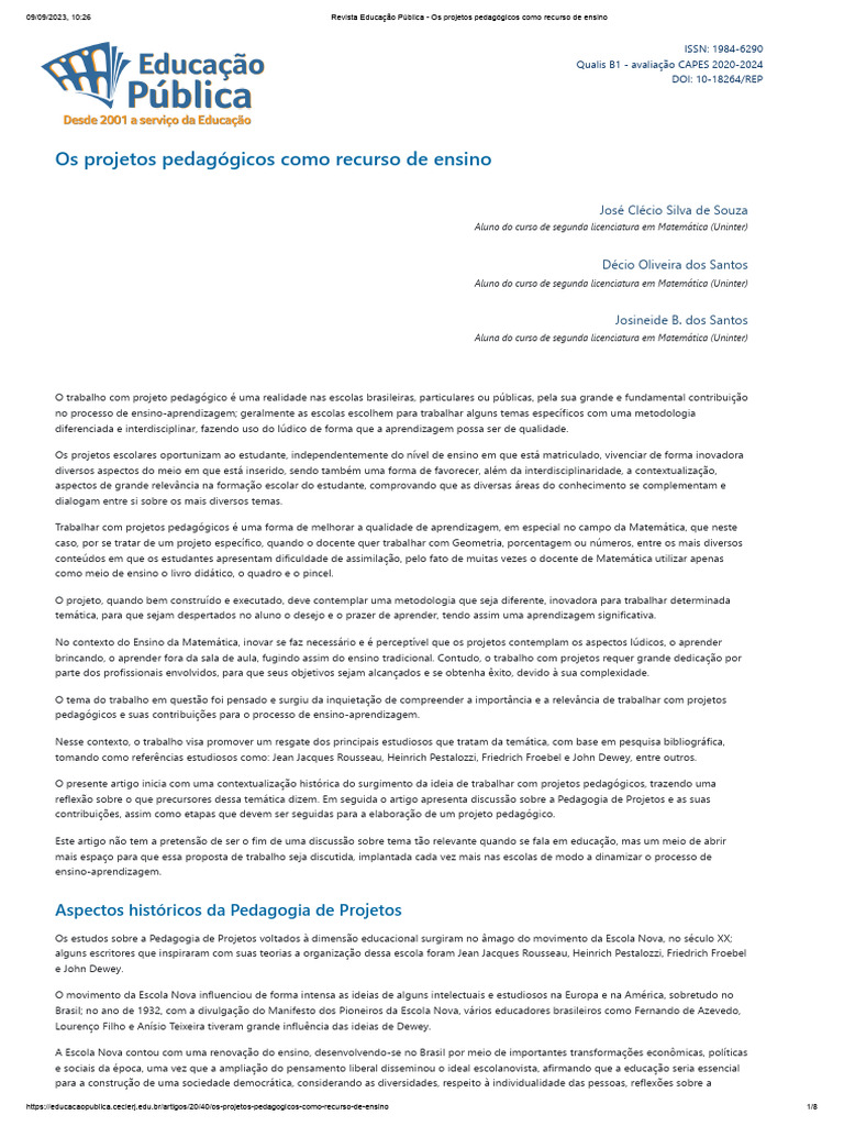 Revista Educação Pública - Os Projetos Pedagógicos Como Recurso de ...