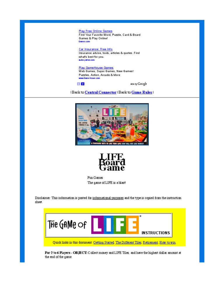 Life Board Game Rules - The Game of Life, PDF, Insurance