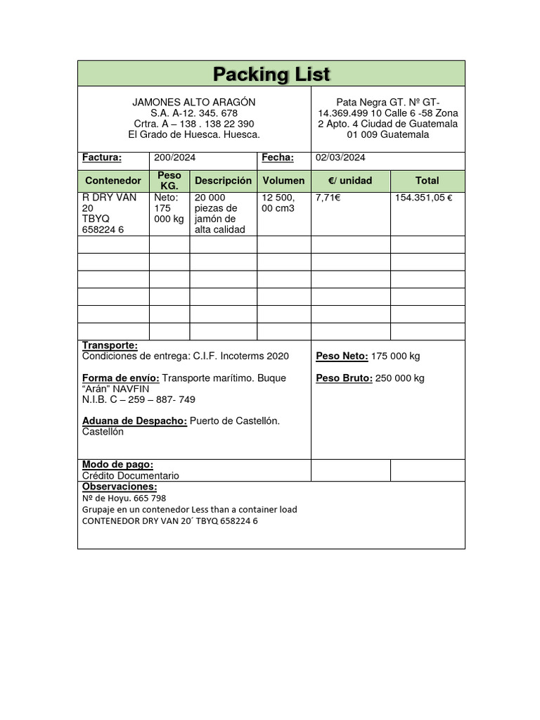 DOCUMENTO Packing List | PDF