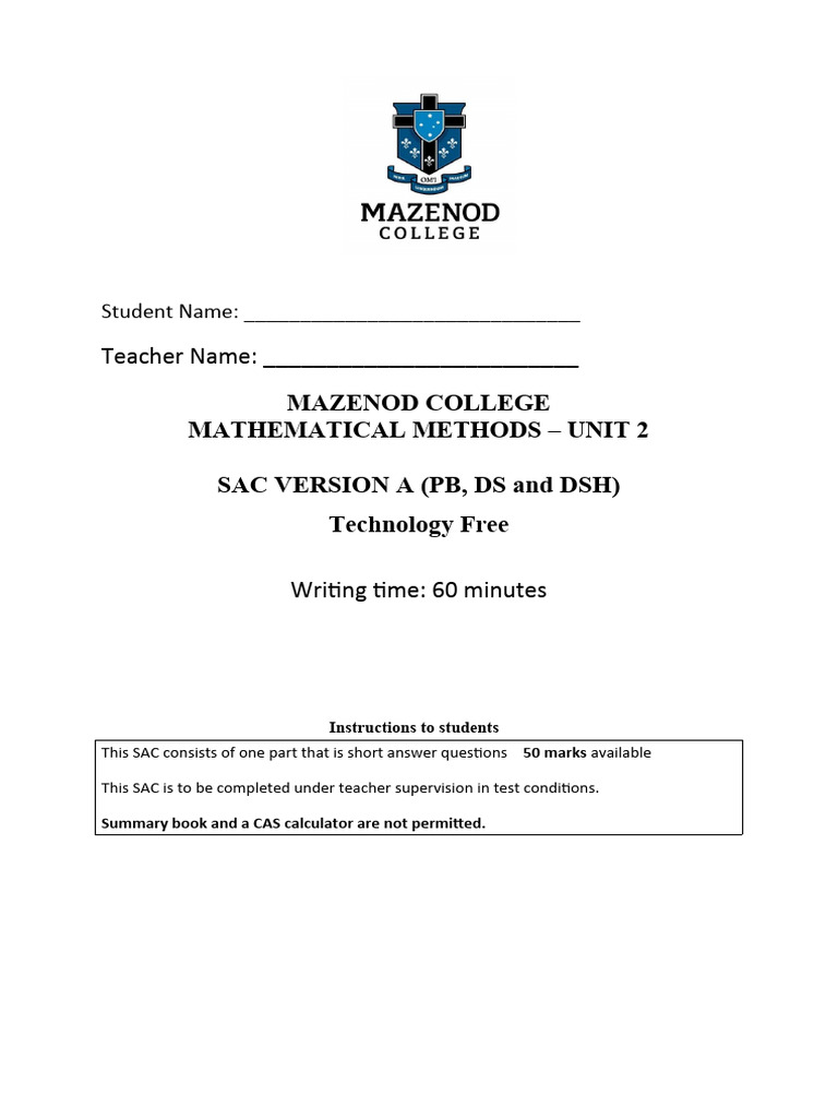 Mathematical Methods SAC Unit 2 Guide | PDF | Mathematical Objects ...