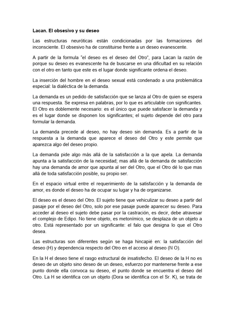 Lacan - El Obsesivo y Su Deseo | PDF | Jacques Lacan | Amor