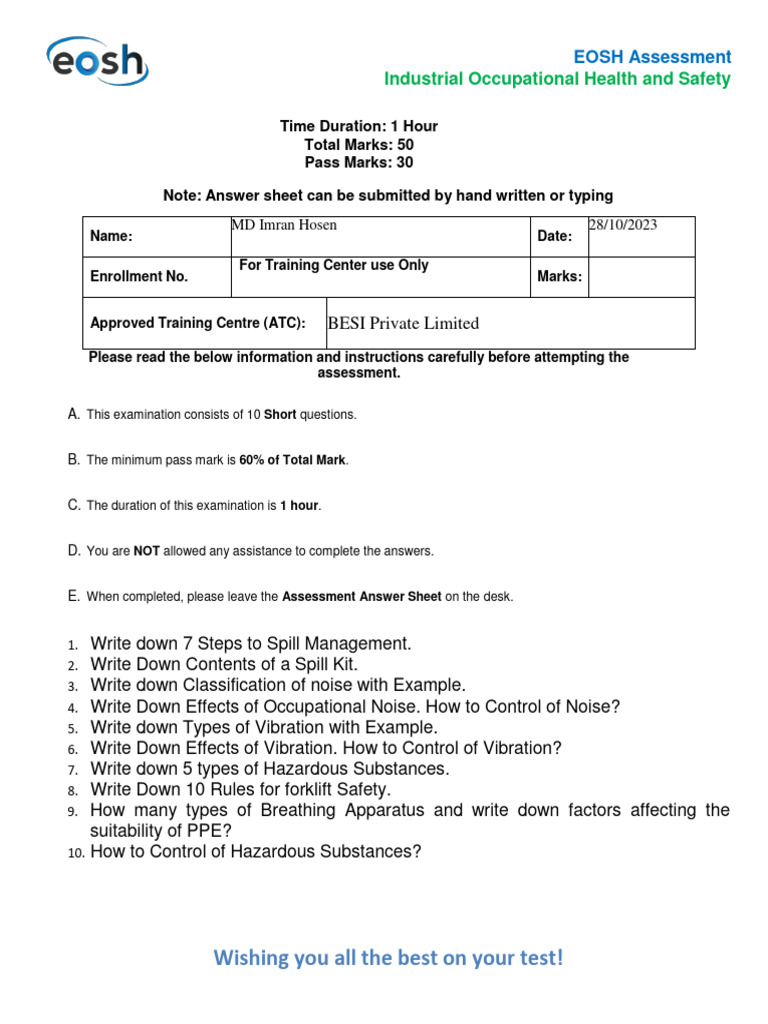Industrial Occupational Health and Safety ( EOSH, UK) Answer of Md Imran Hosen PDF Personal