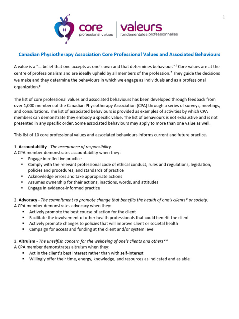 CPA Core Professional Values in PT | PDF | Physical Therapy | Behavior