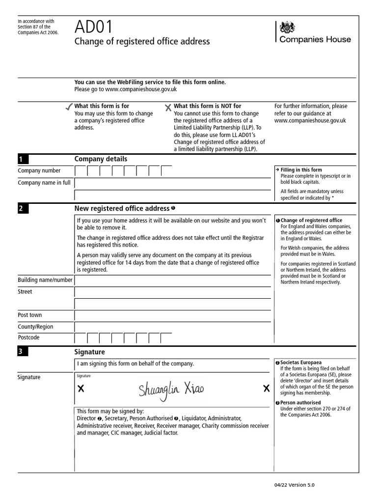 Companies House Form Ad01