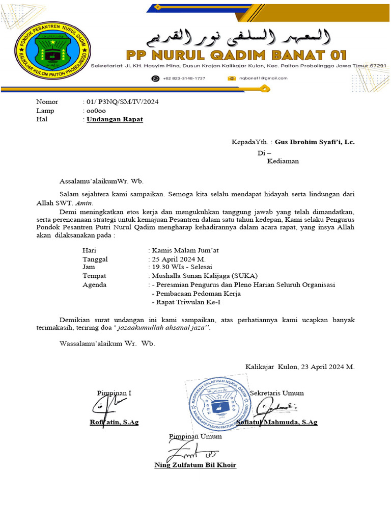 Contoh Undangan Rapat Untuk Dzurriyah Pesantren | PDF