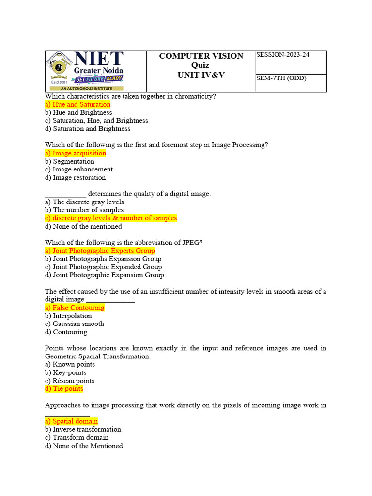 Computer Vision Quiz for Semester 7 | PDF | Algorithms | Recording
