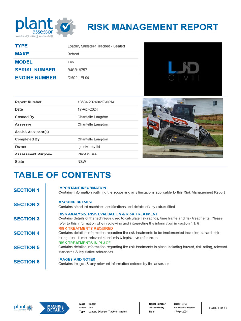 RISK ASSESSMENT 2021 Bobcat T66 Skid Steer LJD Civil Pty LTD PDF