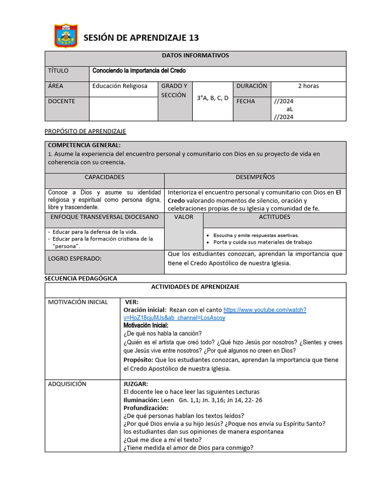 SESION DE CLASE 13 3ro. Secund. | PDF | Credo | Fe