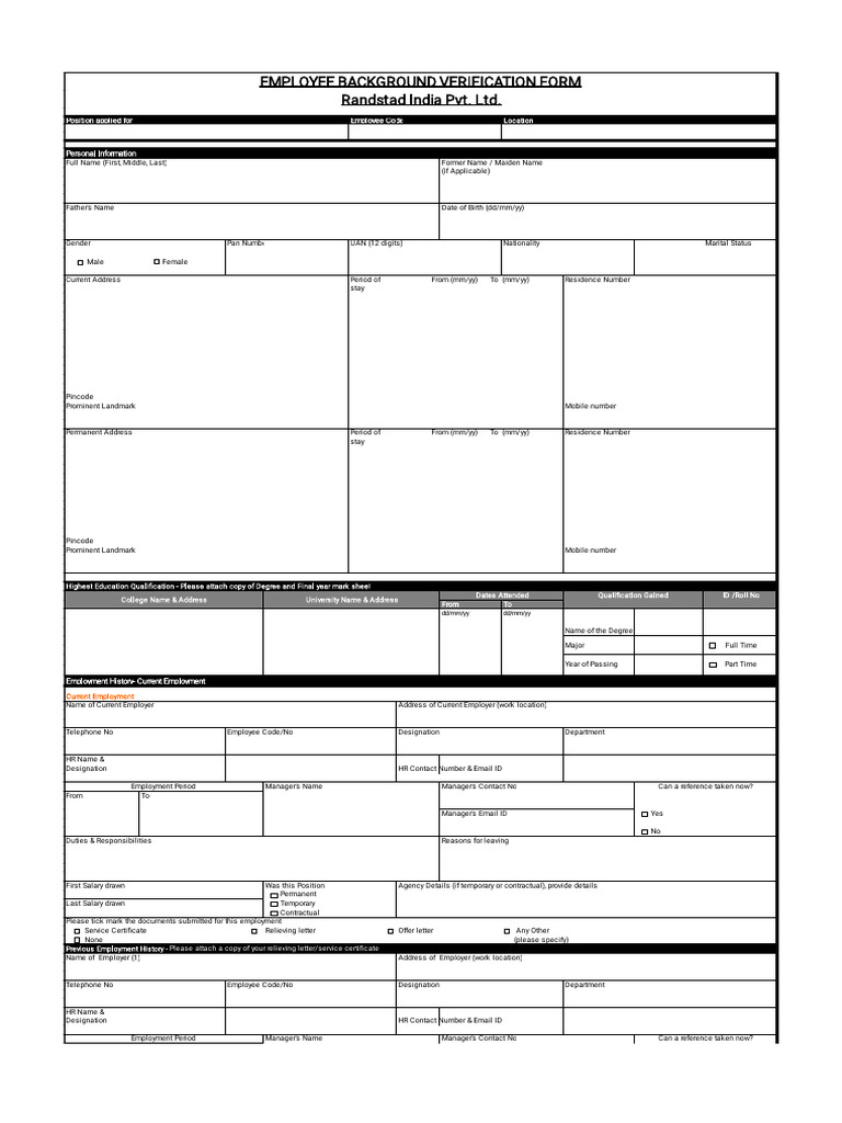 BGV Form Crisil PDF Employment Business